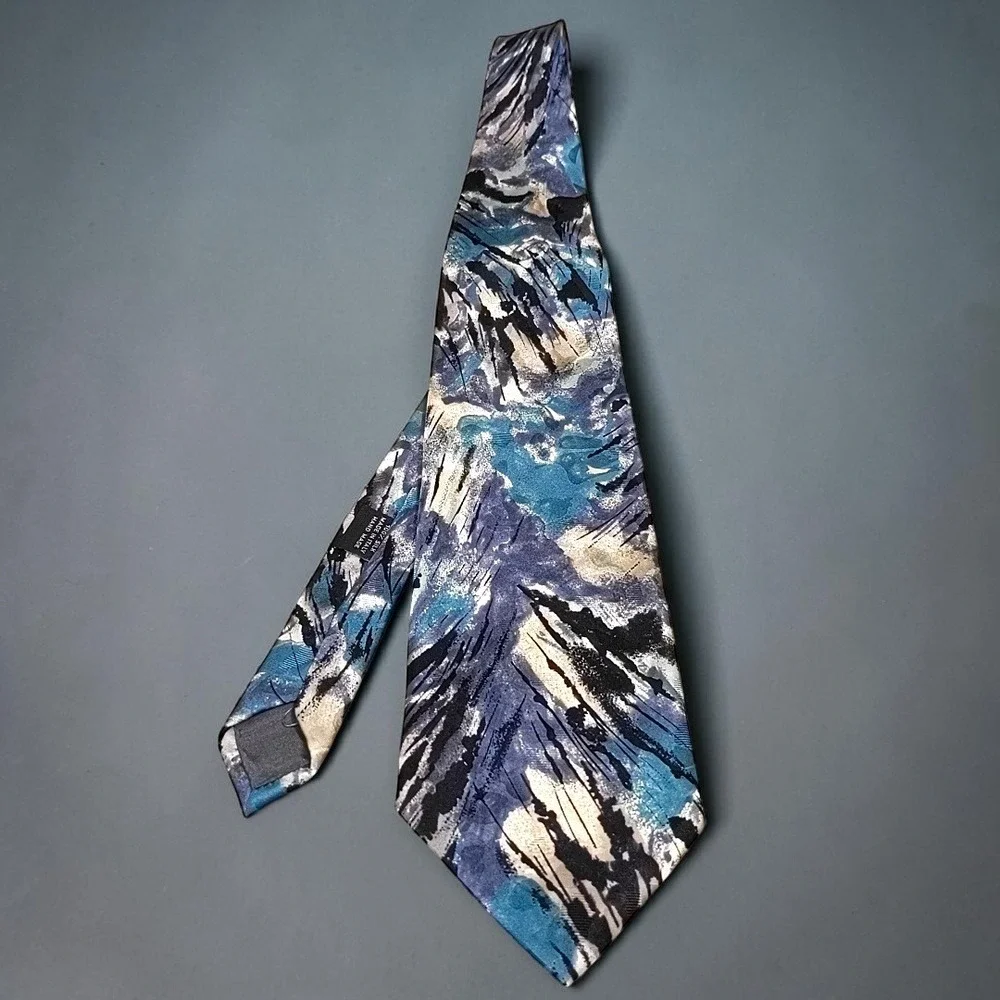 Stefano Milano 100% Silk Tie Vintage Abstract Painterly Pattern Blue Grey Italy‎